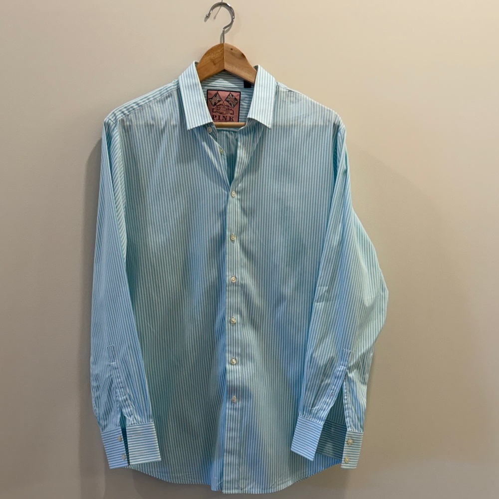 Thomas Pink Slim Fit Light Blue Striped Button Down Shirt
